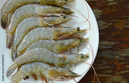 raw prawn ingredient food arranged on white plate