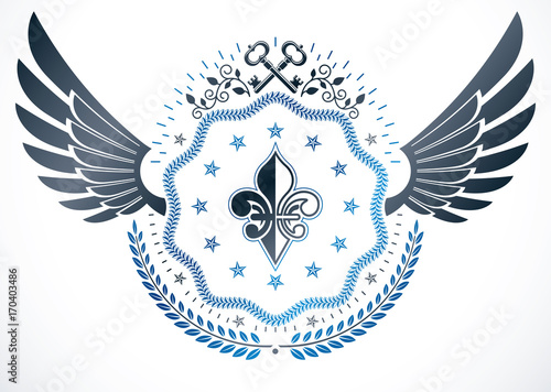 Retro vintage Insignia made with vector design elements like lily flower royal symbol and old keys.