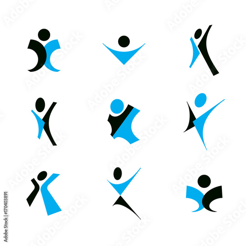 Vector illustration of joyful abstract individual with arms reaching up. Happiness metaphor logo. photo