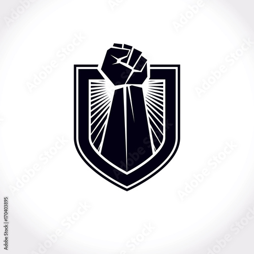 Proletarian leader abstract symbol, vector red clenched fist raised up.