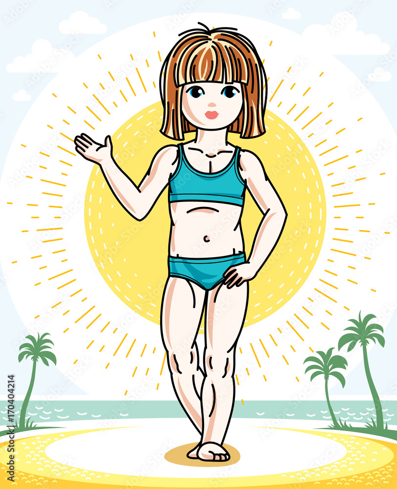 Beautiful little redhead girl cute child standing on tropical beach with palms. Vector human illustration wearing colorful bathing suit.
