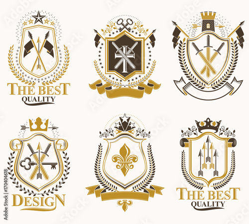 Set of vector retro vintage insignias created with design elements like medieval castles, armory, wild animals, imperial crowns. Collection of coat of arms.