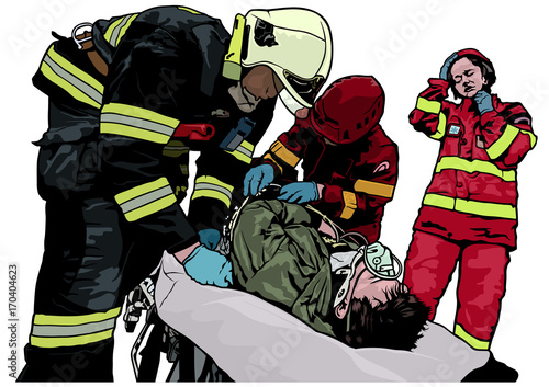 Firefighters and Saved Man on Stretcher - Colored Illustration, Vector