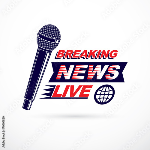 Hot news conceptual logo composed using breaking live news writing and press microphones. Global broadcasting theme illustration.