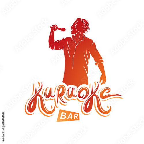 Vector emblem of exited man singing, soloist holds a microphone in hand. Karaoke bar, feel yourself a superstar.