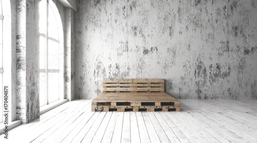 Bedroom with recycled pallet bed frame designs. 3D render.