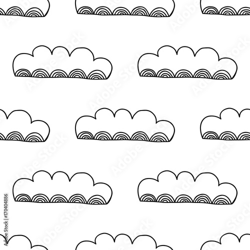Decorative clouds. Black and white illustration, seamless pattern for coloring book, pages. Vector