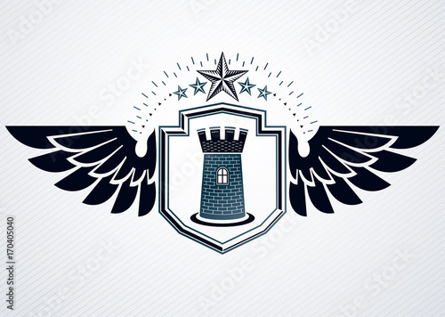 Luxury heraldic vector emblem template made using medieval fortress and pentagonal stars