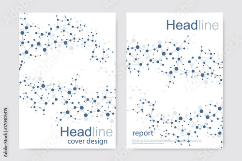 Scientific brochure design template. Vector flyer layout, Molecular structure with connected lines and dots. Scientific pattern atom DNA with elements for magazine, leaflet, cover, poster design