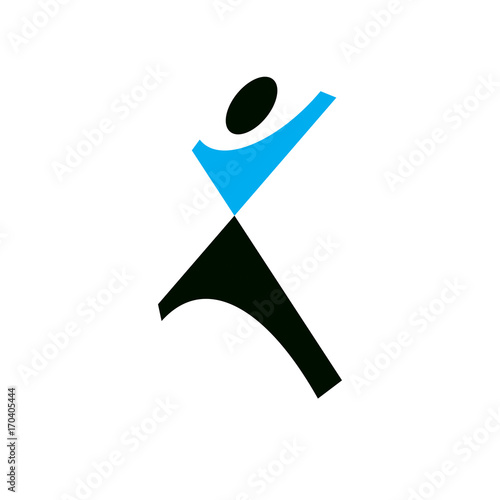 Vector illustration of joyful abstract individual with raised hands up. Liberty conceptual logotype. Happiness metaphor logo. Business innovation idea creative symbol.