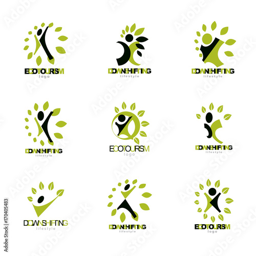 Set of vector illustrations of excited abstract person with raised hands up. Vegetarian theme logo for use in medical and social theme advertisement.