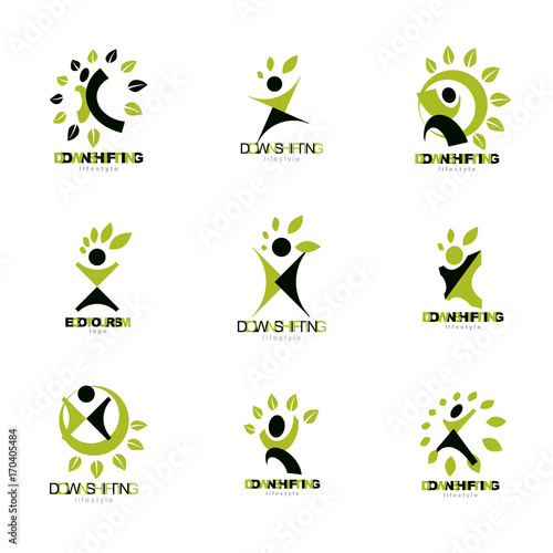 Collection of vector illustrations of happy abstract human with raised hands up. Downshifting concept graphic icon.