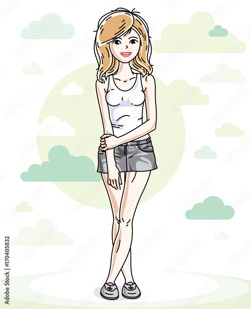 Beautiful young blonde woman standing on nature backdrop with blue sky and clouds. Vector character. Beautiful young blonde woman standing on nature backdrop with blue sky and clouds. Vector character.