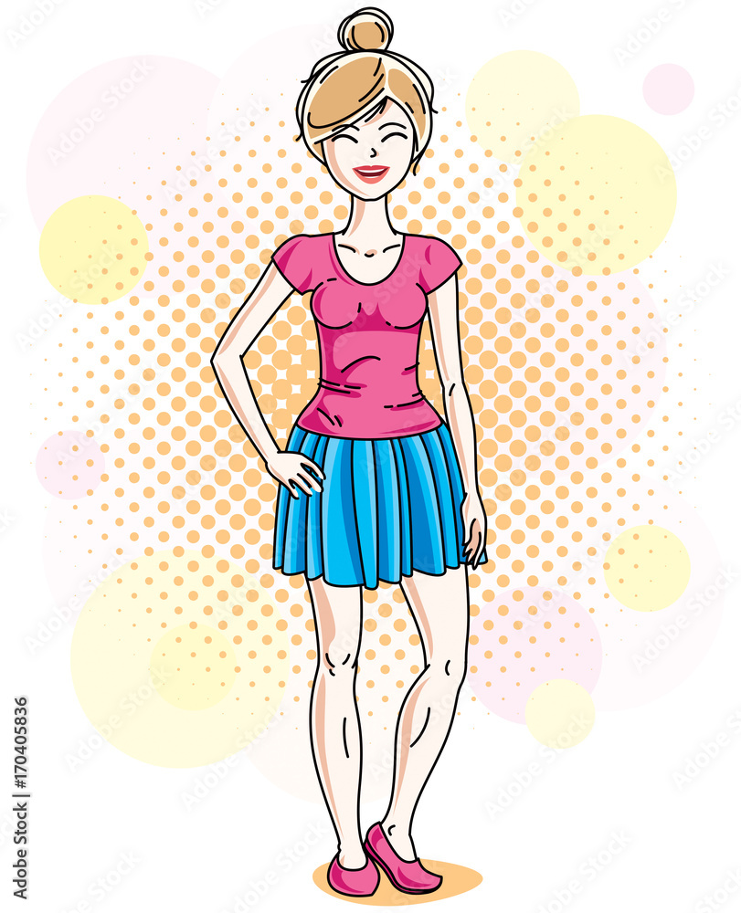 Beautiful blonde woman adult standing on colorful background with bubbles and wearing casual clothes. Vector attractive female illustration. Lifestyle theme cartoon. Beautiful blonde woman adult standing on colorful background with bubbles and wearing casual clothes. Vector attractive female illustration. Lifestyle theme cartoon.