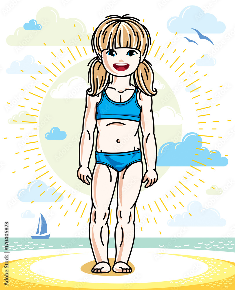 Little blonde girl toddler standing on sunny beach and wearing swimming suit. Vector kid illustration. Summer holidays theme.