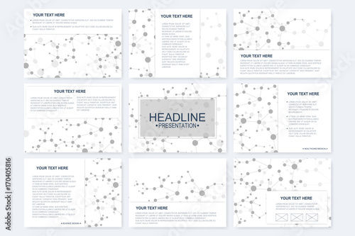 Big set of vector templates for presentation slides. Modern graphic background structure molecule and communication. Scientific pattern atom DNA. Medical, science, chemistry design.