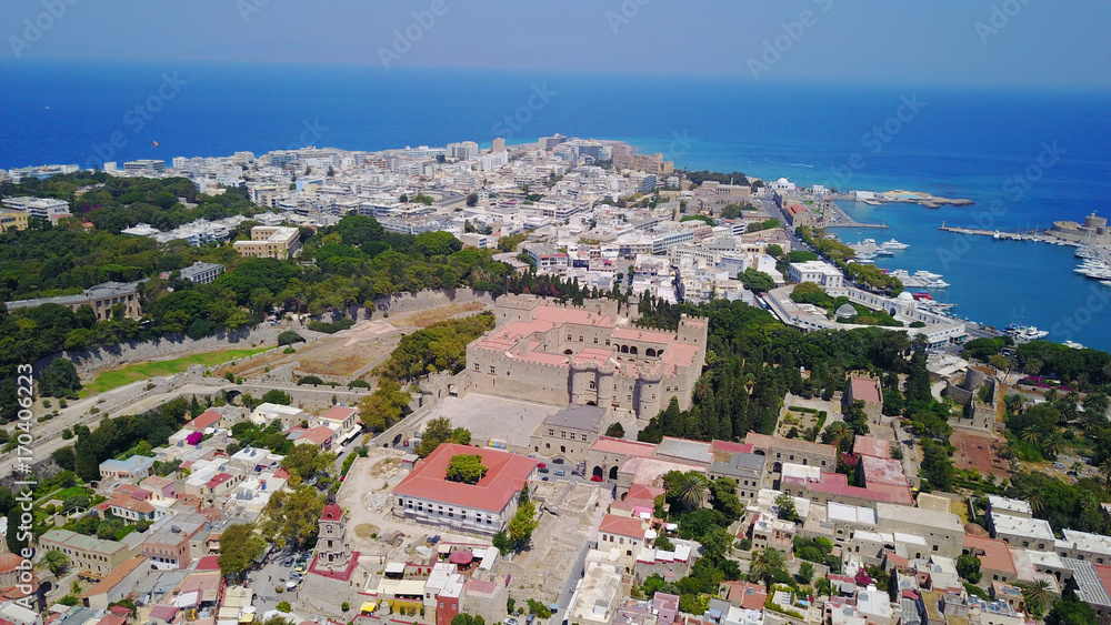 August 2017: Aerial drone photo of iconic palace of Grand Master in medieval old town of Rodos island, Aegean, Dodecanese, Greece
