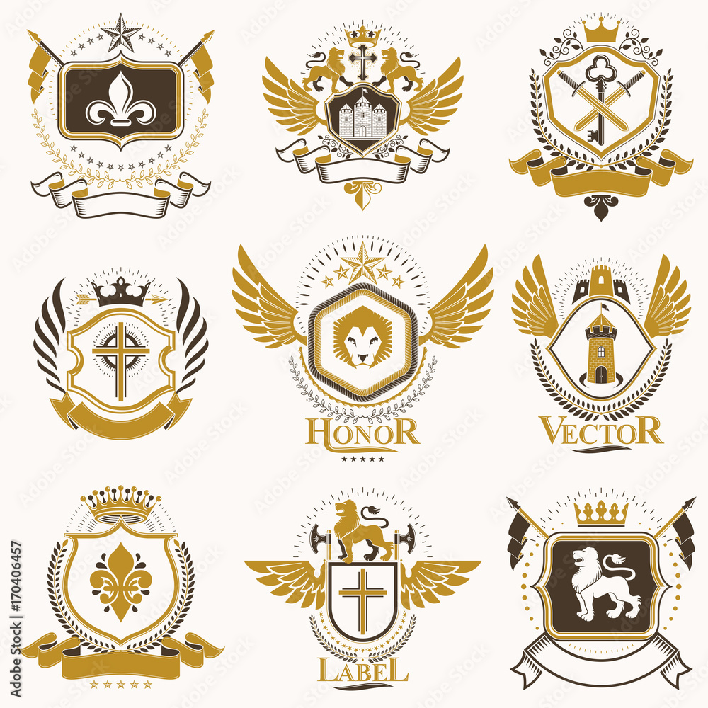 Vector classy heraldic Coat of Arms. Collection of blazons stylized in vintage design and created with graphic elements, royal crowns and flags, stars, towers, armory, religious crosses. Vector classy heraldic Coat of Arms. Collection of blazons stylized in vintage design and created with graphic elements, royal crowns and flags, stars, towers, armory, religious crosses.