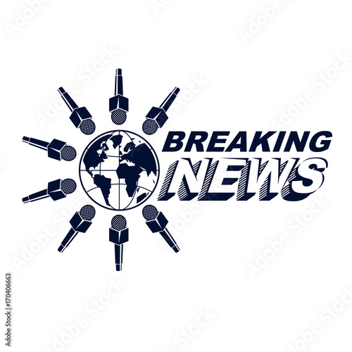 Social telecommunication theme vector logo created with Earth planet illustration surrounded with microphones and with breaking news inscription. Press conference concept.