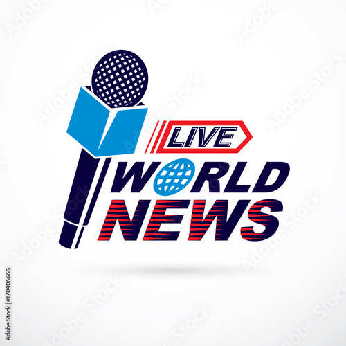 News and facts reporting vector logo composed using world news inscription and journalistic microphone equipment.