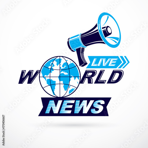 Public information campaign idea vector poster, world live news writing composed using megaphone equipment.