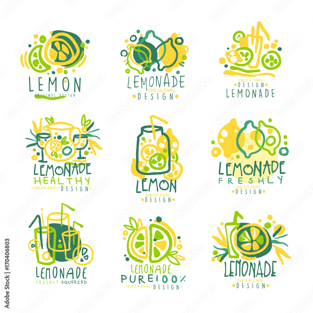 Freshly lemonade, 100 percent pure lemon set for label design, hand drawn colorful vector Illustrations