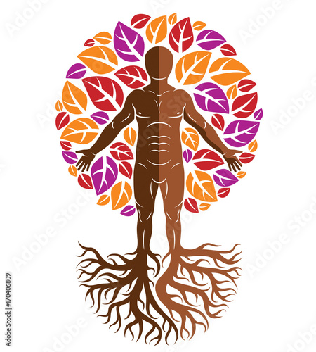 Vector athletic man created as continuation of tree with strong roots and organic autumn leaves. Wanderlust and countryside vacation idea, natural lifestyle.
