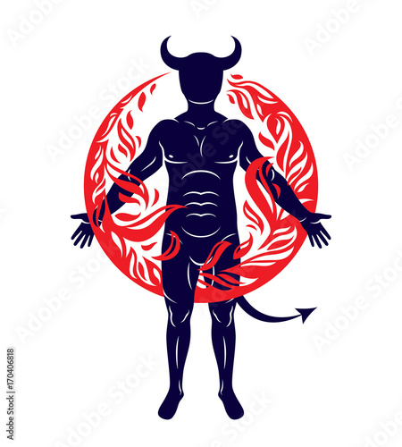 Athletic horned man surroun...