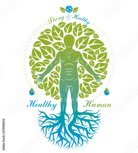 Vector illustration of individual, mystic character composed with tree roots and leaves. Vegetarian lifestyle concept.