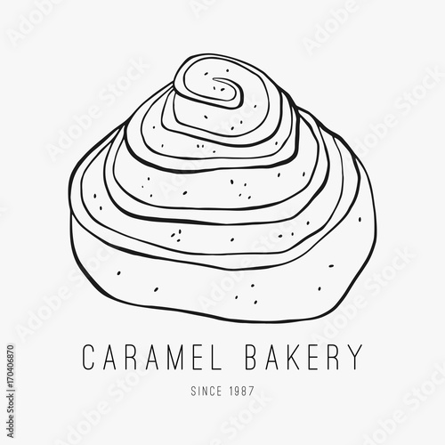 Sweet roll bun. Hand drawn bakery logo. Ink vector pastry outlined illustration on the white background