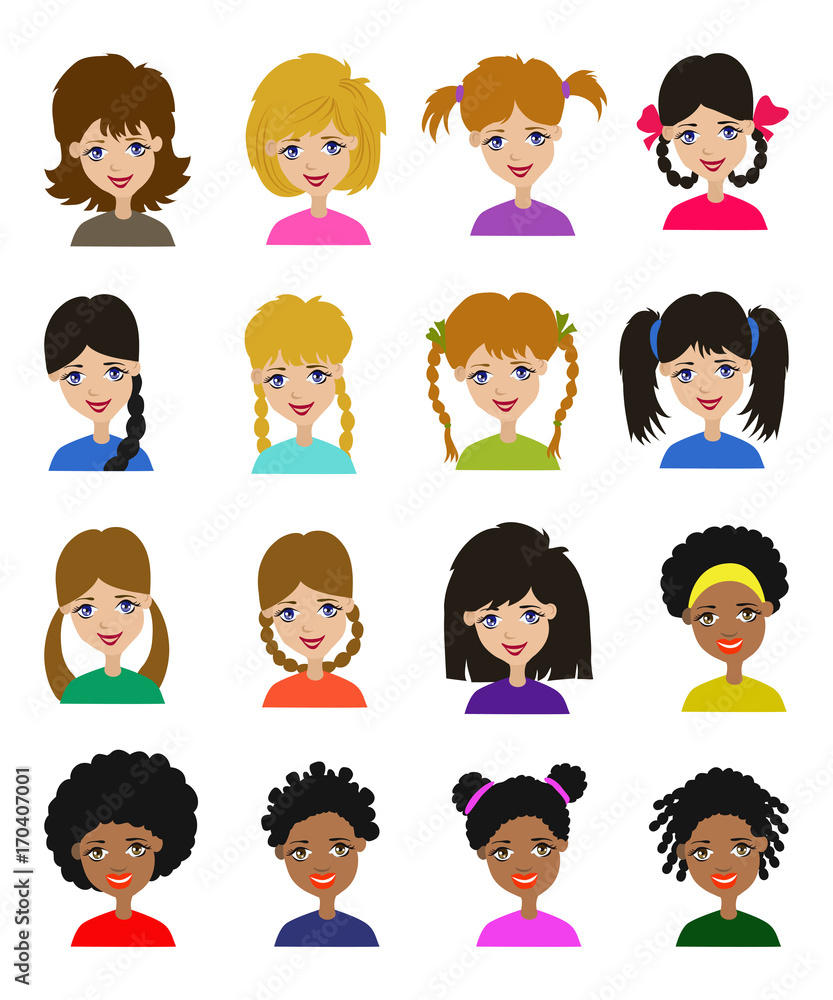 Avatar set vector illustration. Beautiful little girls portrait with different hair style isolated on white background Avatar set vector illustration. Beautiful little girls portrait with different hair style isolated on white background