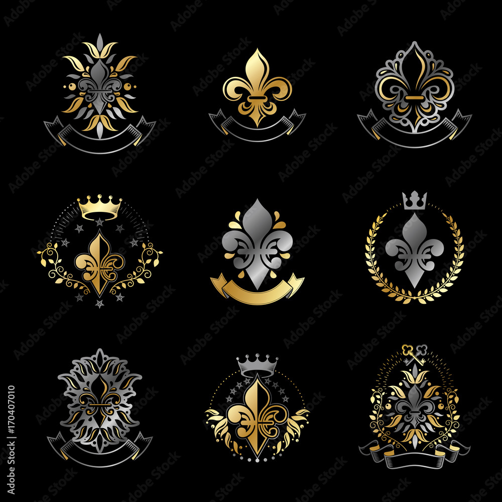 Royal symbols Lily Flowers emblems set. Heraldic vector design elements collection. Retro style label, heraldry logo.