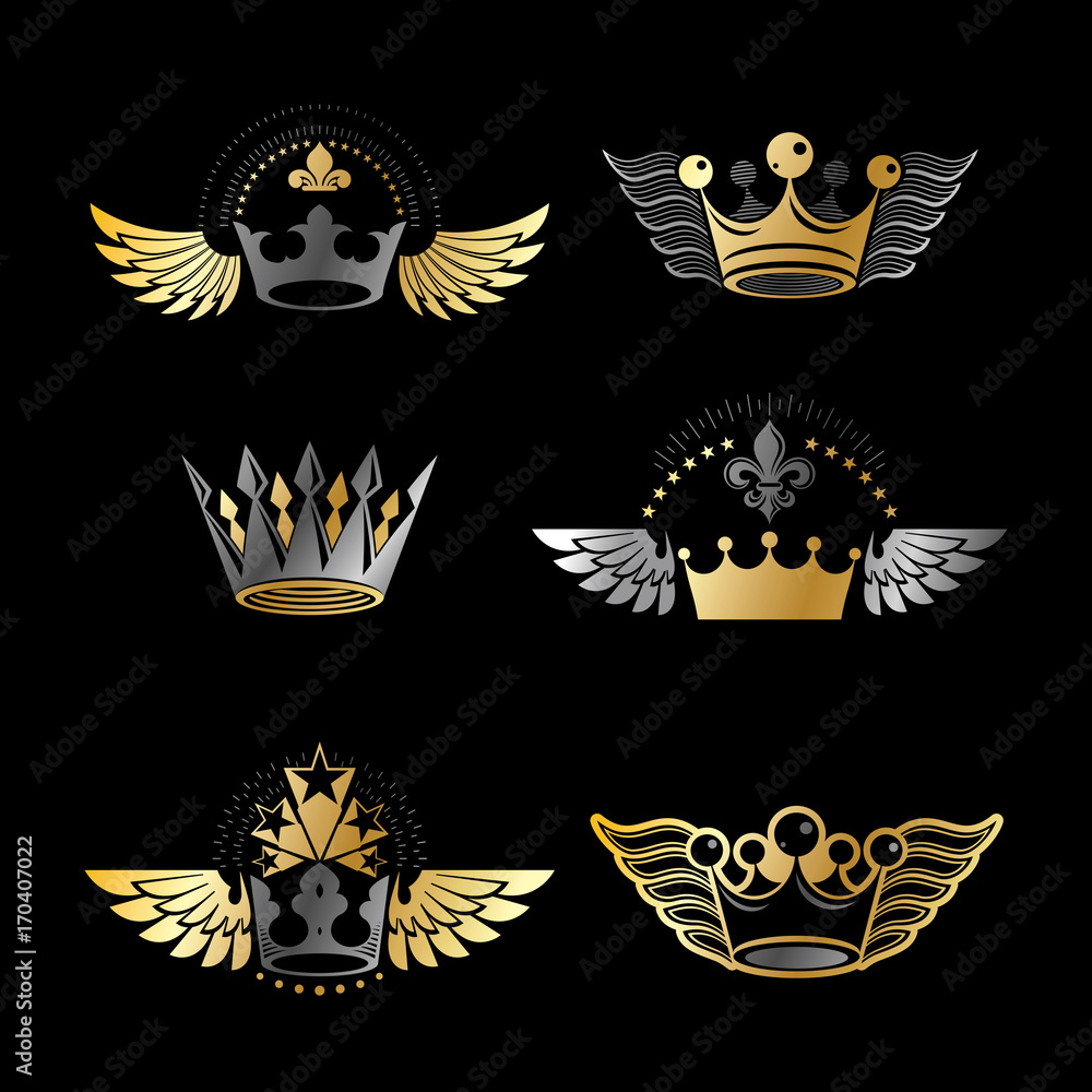 Majestic Crowns and Ancient Stars emblems set. Heraldic Coat of Arms decorative logos isolated vector illustrations collection.