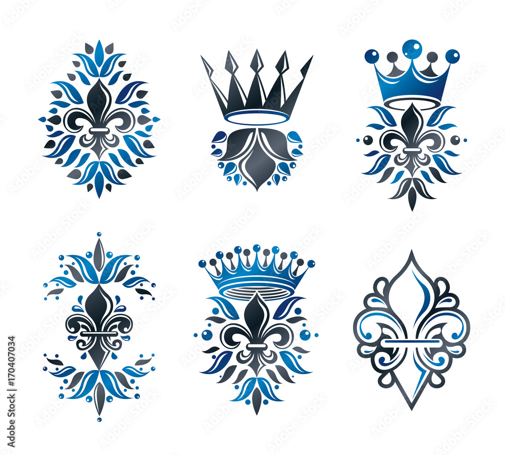 Fototapeta premium Royal symbols Lily Flowers, floral and crowns, emblems set. Heraldic vector design elements collection. Retro style label, heraldry logo.