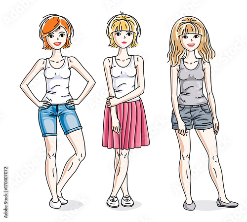 Happy young women posing wearing fashionable casual clothes. Vector people illustrations set.