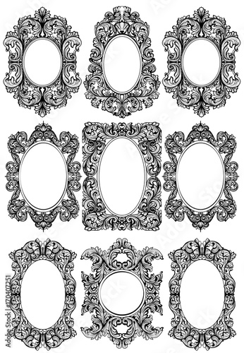 Vintage baroque frame decor set. Detailed ornament vector illustration