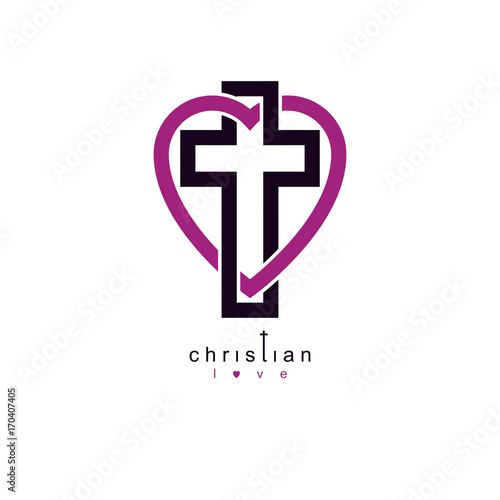 True Christian Love and Belief in God, vector creative symbol design, combined Christian Cross and heart, vector logo or sign.