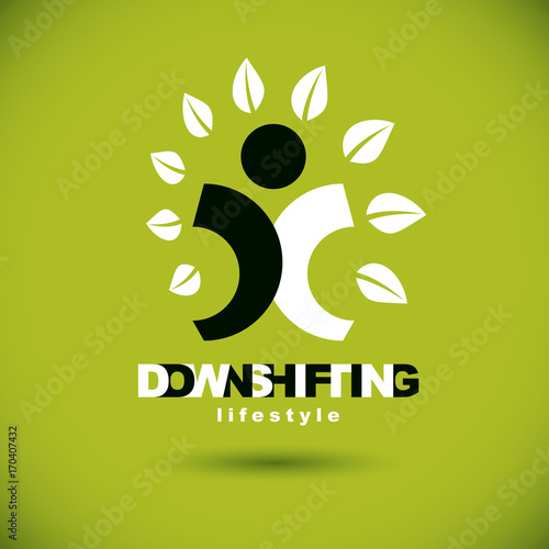 Vector illustration of excited abstract  man with raised reaching up. Downshifting concept logo. Vegetarian theme symbol. Green ecology metaphor.