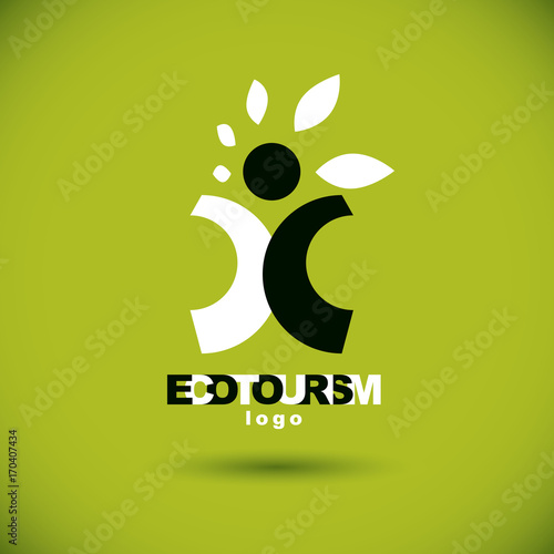 Vector illustration of excited abstract  man with raised reaching up. Ecotourism conceptual logo. Wellness and harmony symbolic symbol.