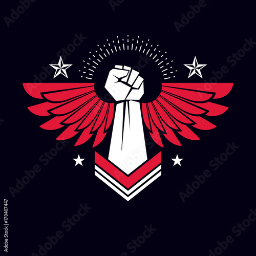 Vector illustration of a clenched fist raised up. Boxing club abstract emblem can be used as tattoo.