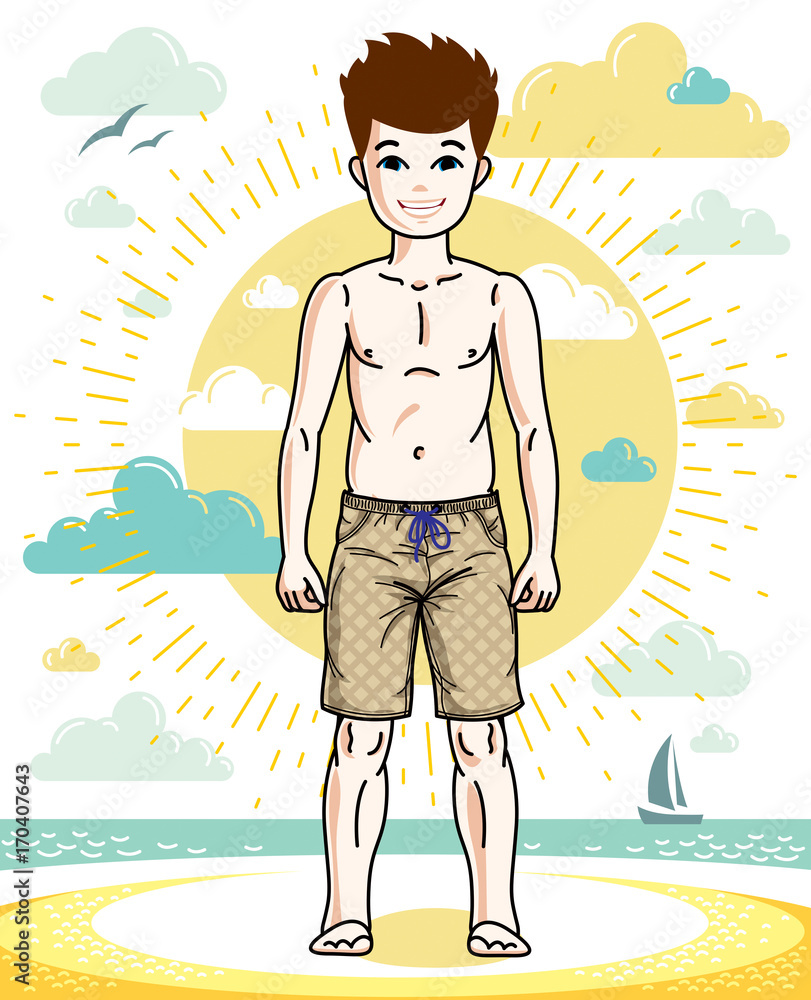 Sweet little boy young teen standing wearing fashionable beach shorts. Vector human illustration. Childhood lifestyle clip art.