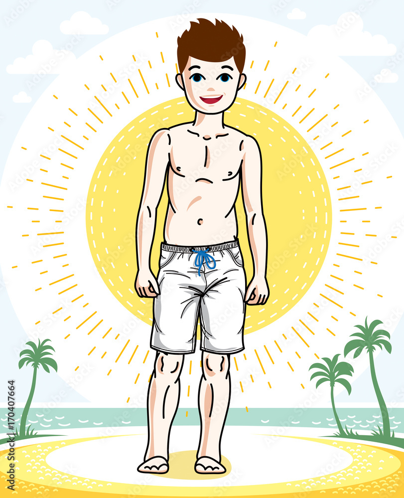 Little boy standing wearing fashionable beach shorts. Vector beautiful human illustration. Childhood lifestyle clipart.