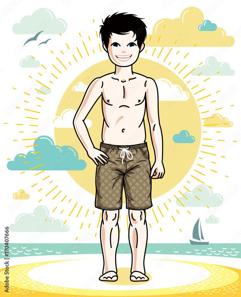 Little boy standing wearing fashionable beach shorts. Vector pretty nice human illustration. Fashion and lifestyle theme cartoon.