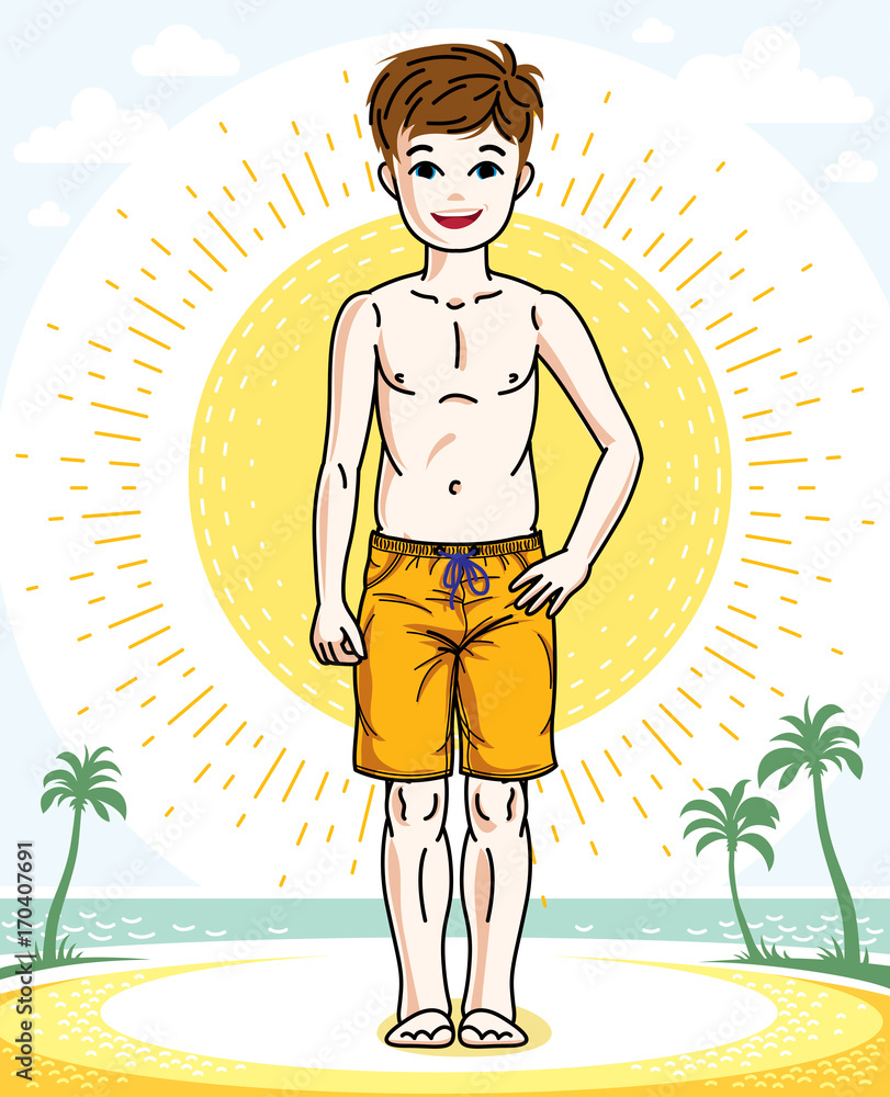 Child young teen boy cute standing wearing fashionable beach shorts. Vector beautiful human illustration. Fashion and lifestyle theme cartoon.