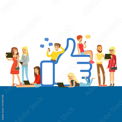 Young people standing and sitting near giant Like symbol, man and woman using mobile gadgets for social networking or blogging