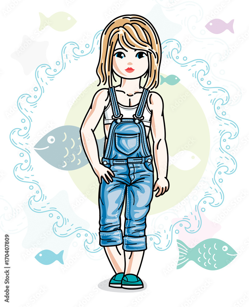 Little blonde girl toddler standing in fashionable casual clothes. Vector kid illustration. Sea fauna theme. Little blonde girl toddler standing in fashionable casual clothes. Vector kid illustration. Sea fauna theme.