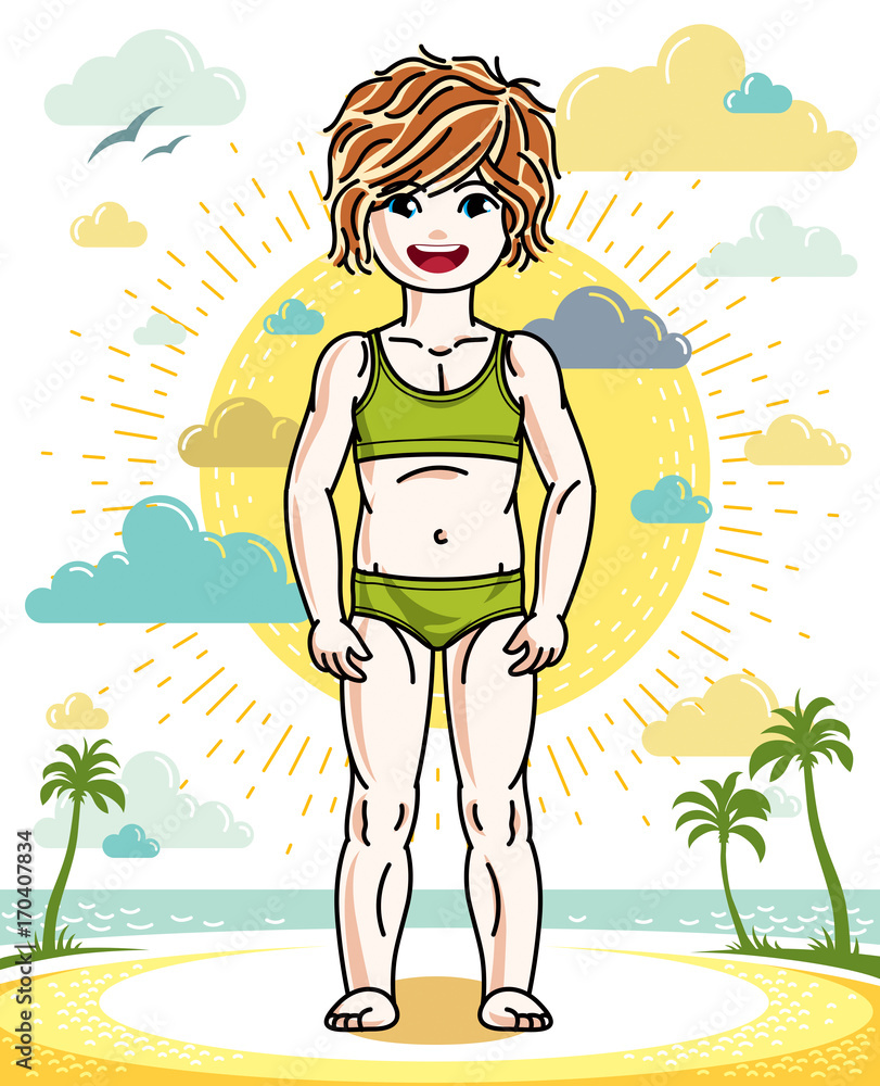 Beautiful little redhead girl cute child standing on tropical beach with palms. Vector human illustration wearing colorful bathing suit.