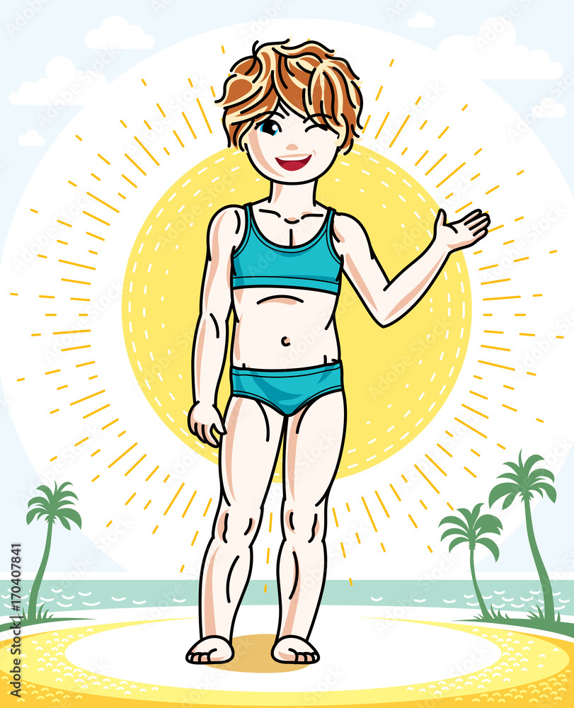 Beautiful little red-haired girl posing on tropical beach with palms. Vector kid illustration. Summer holidays theme.