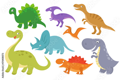Fototapeta Naklejka Na Ścianę i Meble -  Cute cartoon dinosaurs vector clip art. Funny dino chatacters for baby collection
