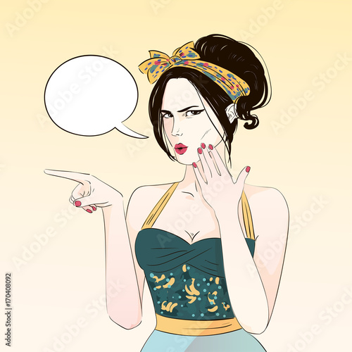 Fashion beautiful girl with pony tail in retro cartoon style point to somthing. Vector hand drawn illustration.